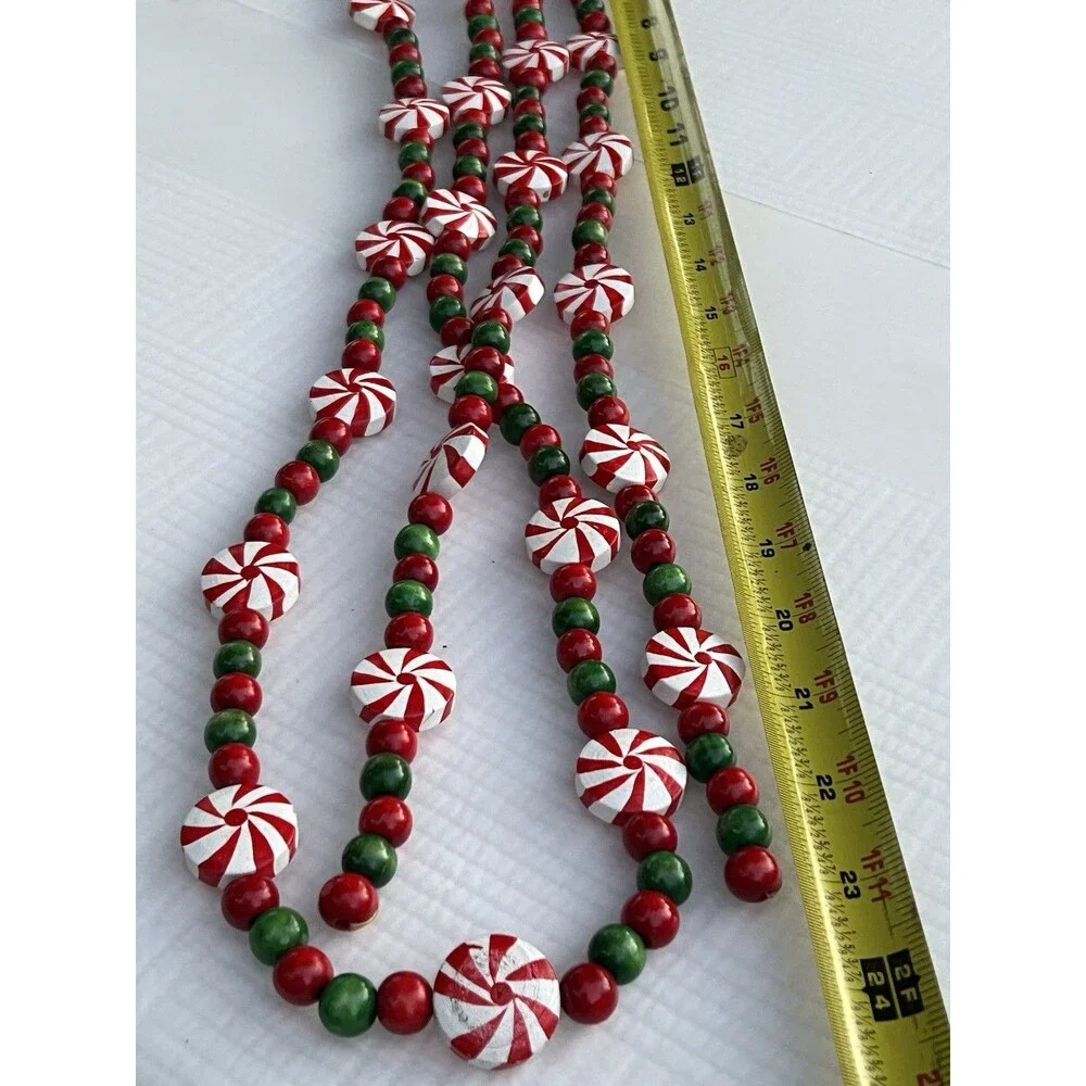 Vintage 8 Ft Wooden Christmas Garland Hand Painted Peppermint Candy Beads